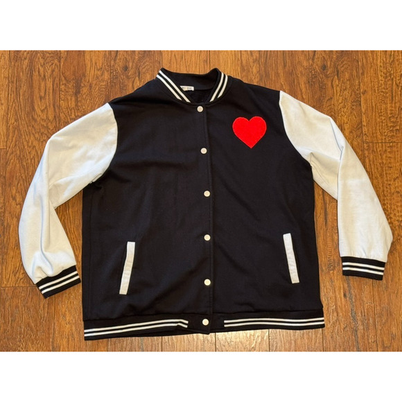 I Believe Varsity Sweatshirt Chenille Heart Black Ivory Jacket - Women's 1X - Picture 1 of 7